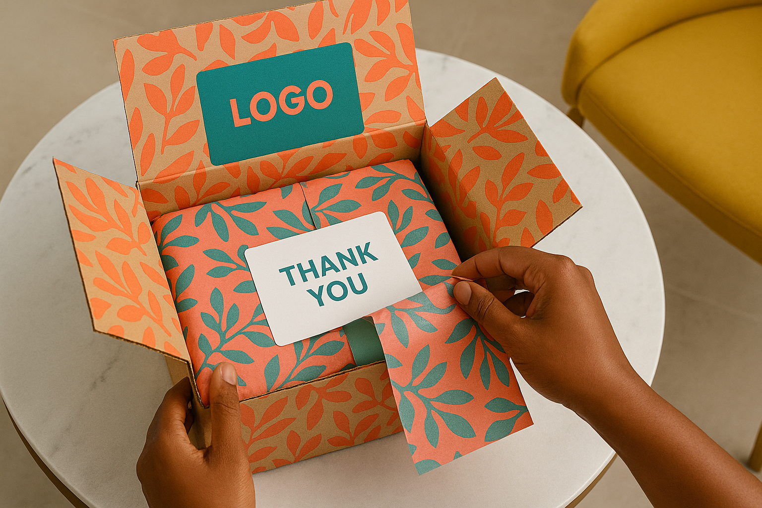 Caja de cartón decorada con patrones de hojas naranjas y verdes. En el interior, un envoltorio colorido con la misma decoración y una tarjeta blanca que dice 'THANK YOU'. En la tapa interior se aprecia un espacio con el logotipo. Dos manos están abriendo el empaque sobre una mesa redonda blanca.