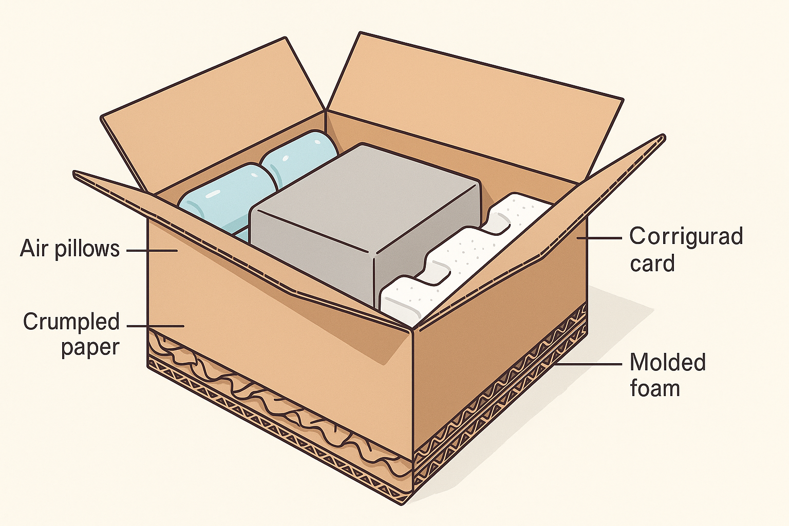Ilustración de una caja de cartón corrugado abierta mostrando distintos materiales de empaque: cojines de aire, papel arrugado, espuma moldeada y cartón corrugado.