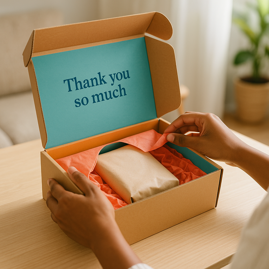 Caja de cartón abierta con interior azul que muestra el mensaje 'Thank you so much'. Dentro, un paquete envuelto en papel kraft y papel de seda naranja, mientras unas manos lo descubren.