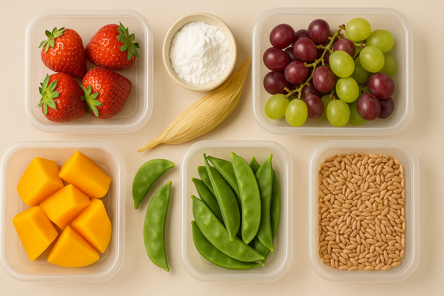 varios envases de alimentos hechos con materiales bioplásticos de apariencia translúcida